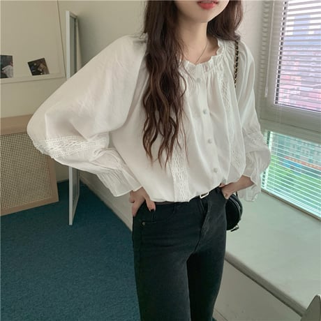 2way ブラウス シャーリングネック 長袖 韓国ファッション レディース 大人可愛い ガーリー レトロ DTC-627969886702