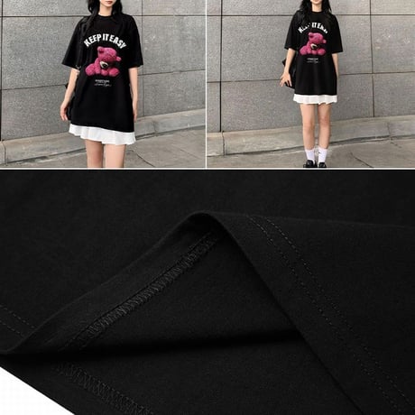 ユニセックス Tシャツ 半袖 クマのぬいぐるみプリント オーバーサイズ カジュアル ストリート系ファッション 韓国ファッション メンズ レディース DTC-721620910237