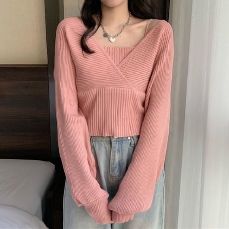 リブニット フェイクレイヤード ルーズ 長袖 セーター 韓国ファッション レディース ニット ゆったり 大人可愛い ガーリー DTC-653558986383