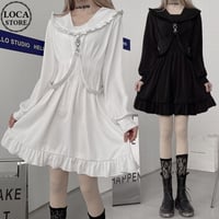 【2カラー】 ワンピース フリル襟 ストラップ ハイウエスト Aライン 長袖 韓国ファッション レディース 大人可愛い ガーリー フェミニン ゴシック 暗黒系 DTC-624472065156