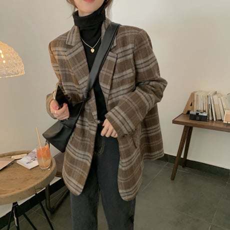 チェック柄 ウールジャケット シングルブレスト 長袖 ルーズ 韓国ファッション レディース ジャケット 大人可愛い ガーリー レトロ DTC-654505471003