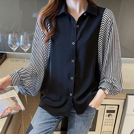 ブラウス ストライプ柄 ランタンスリーブ シフォン 切り替え レイヤード風 ルーズ レトロ 韓国ファッション レディース 大人可愛い ガーリー オフィスカジュアル DTC-642816012866