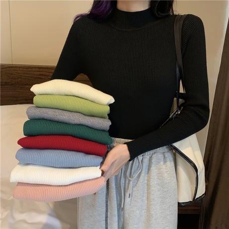 【2枚セット】 全9カラー組み合わせ自由 ニット スリムフィット ハーフハイネック スリムニット リブニット 長袖 レトロ 大人可愛い ガーリー DTC-661710290179