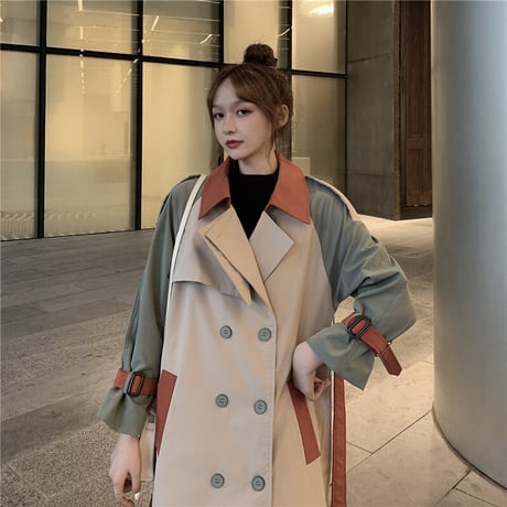 ロングコート バイカラー ベルト付き 袖ベルト 韓国ファッション レディース トレンチコート ダブルブレスト カジュアル 長袖 ゆったり 大人可愛い ガーリー DTC-627252394911