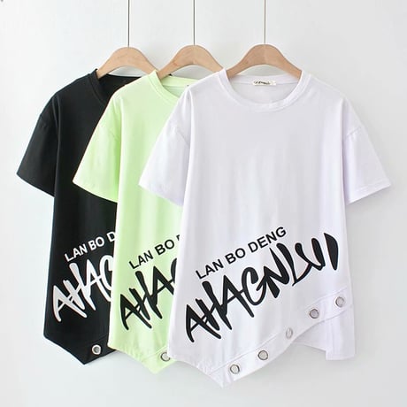不規則デザイン Tシャツ 英字プリント ラウンドネック スリット 半袖 韓国ファッション レディース トップス ガーリー カジュアル ストリートファッション DTC-643528969619