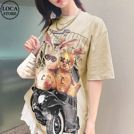 ユニセックス Tシャツ 半袖 うさぎ レトロ オーバーサイズ ゆったり 大きめ カジュアル 韓国ファッション メンズ レディース 韓国ストリートファッション DTC-669976915070