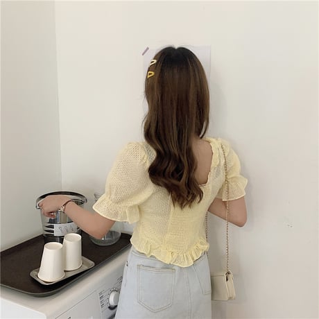 ブラウス ショート丈 半袖 韓国ファッション レディース トップス フレア レーストップス シフォン 透け感 穴あき フレアスリーブ ガーリー 619020960448
