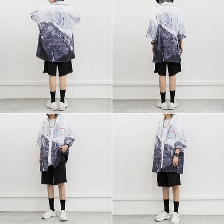 ユニセックス シャツ 柄シャツ 雪山 プリント 半袖 オーバーサイズ メンズ レディース トップス 大きめ ルーズ カジュアル ストリートファッション DTC-613602056845