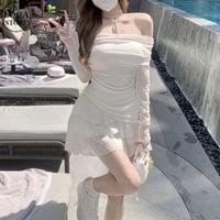 セットアップ 2点セット トップス ティアードミニスカート シアー tシャツ オフショルダー ミニスカート ツーピース 長袖 レトロ 大人可愛い ガーリー DTCA-777869200454
