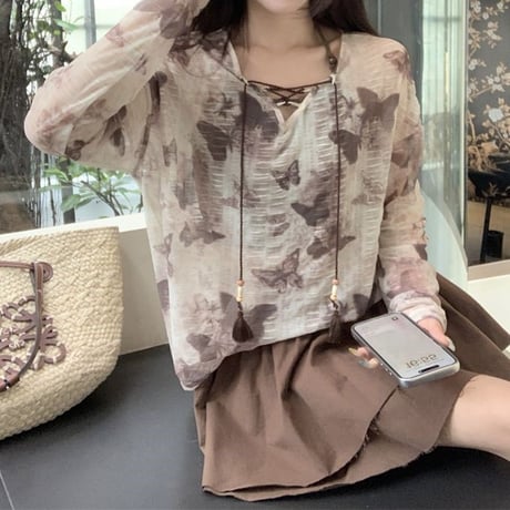 シアートップス バタフライ柄 シースルー オーバーサイズ tシャツ ルーズ 長袖 レトロ 韓国ファッション レディース 大人可愛い ガーリー DTC-803808832596