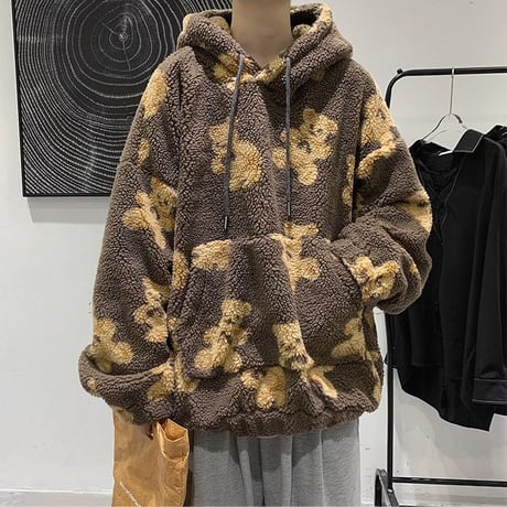 ユニセックス プルオーバー ボアフリースパーカー メンズ レディース 英字 クマちゃん ベアー プリント オーバーサイズ ルーズ ストリート系 ファッション TBN-629554274748