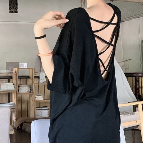 オープンバック Tシャツ 背中開き ドロップショルダー トップス ルーズ レトロ 韓国ファッション レディース 大人可愛い ガーリー DTC-801420565434