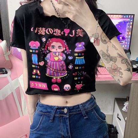 【2カラー】 Tシャツ 半袖 日本語 ユニーク クロップド丈 ショート丈 へそ出し 韓国ファッション レディース 大人可愛い ガーリー カジュアル DTC-640505473257