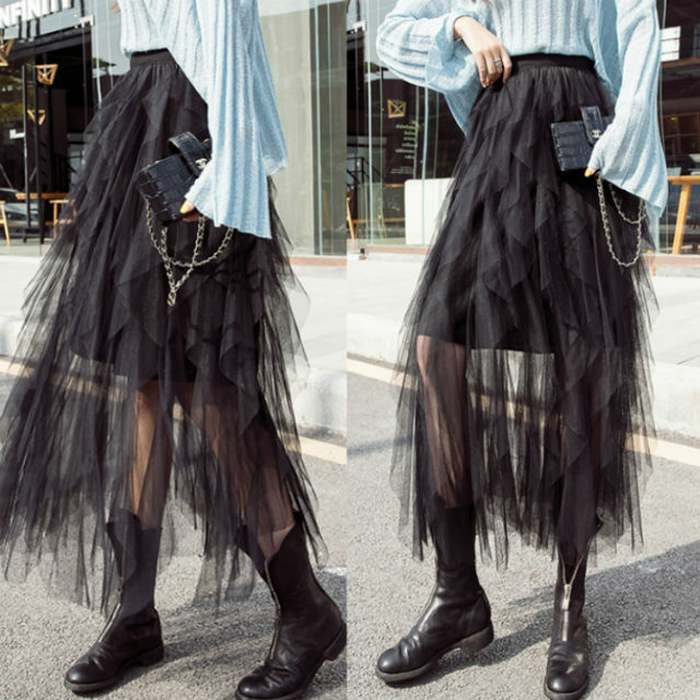 レディース プリーツ メッシュ スカート アシンメトリー