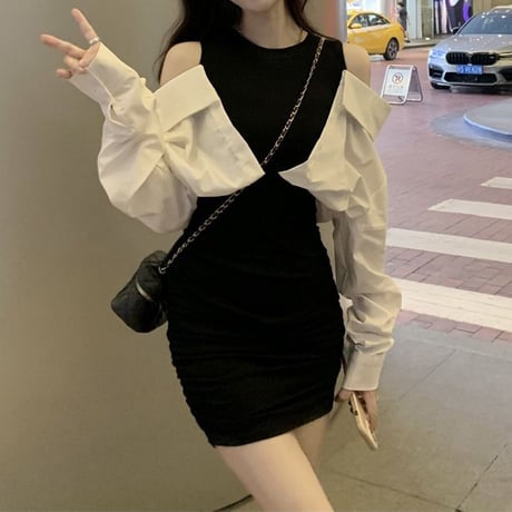 ドッキングワンピース フェイクレイヤード ワンピース オープンショルダー ハイウエスト タイトミニワンピース  韓国ファッション レディース 大人可愛い ガーリー DTC-679986633655