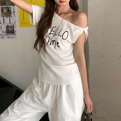 Tシャツ ワンショルダー レタープリント ロゴプリント トップス カットソー 半袖 レトロ 大人可愛い ガーリー DTCA-924718609909