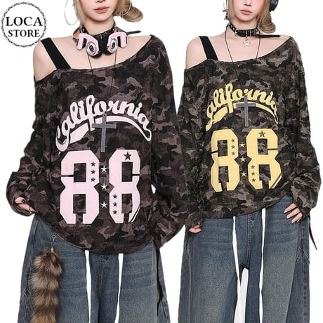 レイヤード風 ロンT カモフラージュ柄 迷彩柄 ナンバーロゴ ダメージ加工 オフショルダー ワンショルダー tシャツ トップス ゆったり レトロ カジュアル DTCA-964054804742