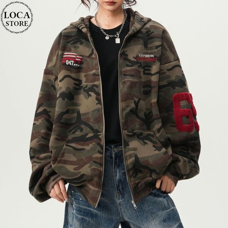 迷彩柄 ジップアップ パーカー トップス カモフラ柄 フード付き