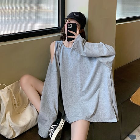 オープンショルダー Tシャツ 長袖 不規則デザイン 韓国ファッション レディース ロンT トップス ラウンドネック ガーリー ストリート (DTC-623972080031)