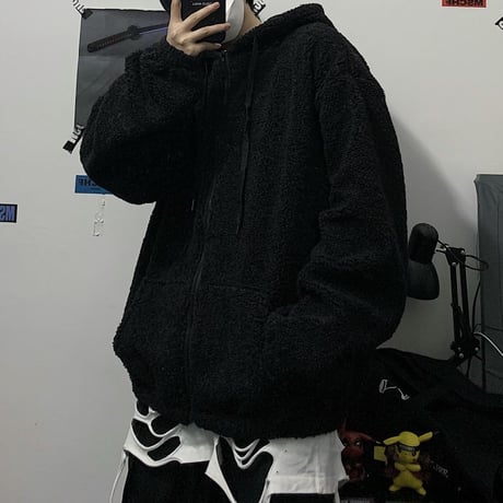 ユニセックス フード付き ボアジャケット ボアパーカー ジップアップ オーバーサイズ 韓国ファッション メンズ レディース カジュアル ストリートファッション DTC-631047350788