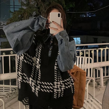 ドッキングトップス フェイクレイヤード デニムシャツ ニットベスト ダメージ加工 チェック柄 レトロ 韓国ファッション レディース 大人可愛い ガーリー カジュアル DTC-665578093033