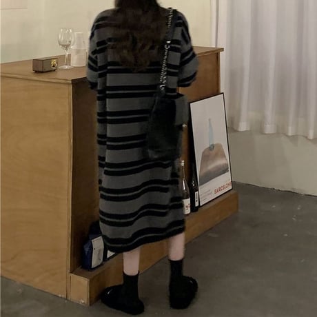 ボーダー柄 ニットワンピース クルーネック ロング丈 ニット ランダムボーダー 長袖 ゆったり 韓国ファッション レディース カジュアル 大人可愛い ガーリー DTC-662845743364