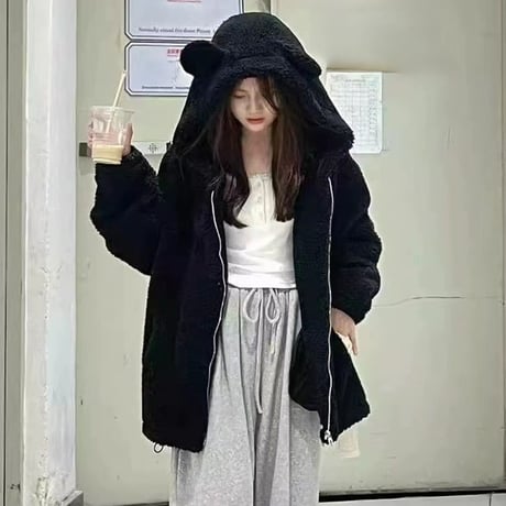 クマ耳 フード付き ボアブルゾン ファーブルゾン アウター ラムウール もこもこ 防寒 ゆったり ルーズ 長袖 冬 レトロ 大人可愛い ガーリー DTCA-831602266614