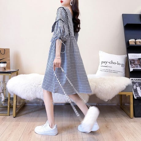 千鳥格子 ワンピース 半袖 チェック柄 リボン 袖ドロスト ゆったり ルーズ ミモレ丈 Vネック レトロ 大人可愛い ガーリー 韓国ファッション レディース DTC-649312317329