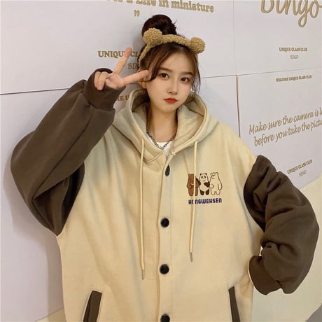 フード付き ブルゾン パーカー 月輪熊 パンダ 白熊 プラスベルベット アウター オーバーサイズ 韓国ファッション レディース ガーリー カジュアル ストリート系 DTC-630016028692