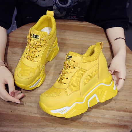 厚底 インヒール ダットスニーカー レースアップ ヒール7cm メッシュ 22.0～24.5cm 韓国ファッション レディース 厚底スニーカー スニーカー スポーツ 599822335264
