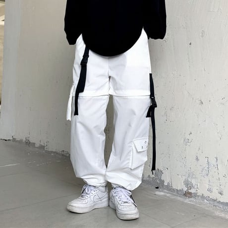 2WAY カーゴパンツ ワイドパンツ バックルベルト ストラップ ミリタリーパンツ アシンメトリー ウエストゴム 韓国ファッション レディース 大人可愛い ガーリー DTC-656242658198