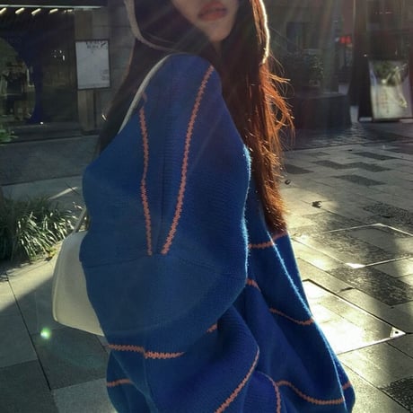 ボーダー ニットセーター プルオーバー クルーネック 厚手 長袖 ルーズ ゆったり レトロ 韓国ファッション レディース  大人可愛い ガーリー カジュアル DTC-658401914498