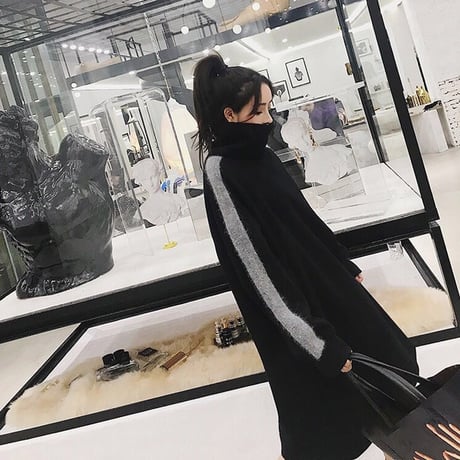 ワンピース ハイネック 袖ライン 韓国ファッション レディース ミモレ丈 ゆったり ハイウエスト 大きいサイズ 厚い フレア DTC-602899975756
