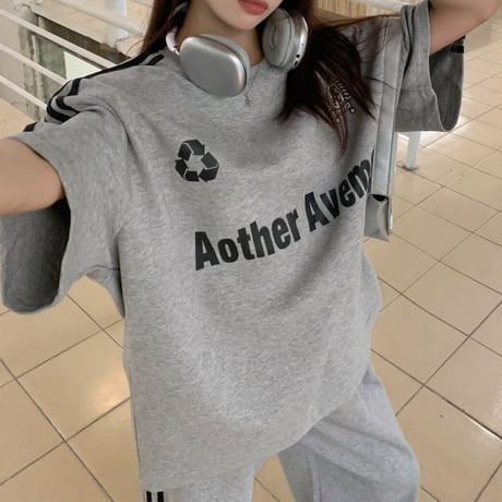 セットアップ サイドライン Tシャツ ワイドパンツ 半袖 ロゴ トップス スポーツミックス 上下セット レトロ 韓国ファッション レディース 大人可愛い ガーリー DTC-786931285601
