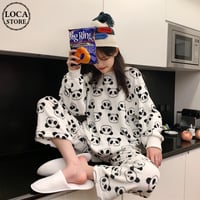 【ルームウェア】 パジャマ セットアップ パンダ柄 長袖 韓国ファッション レディース ラウンドネック もこもこ トップス + パンツ 上下セット レトロ DTC-627029965772