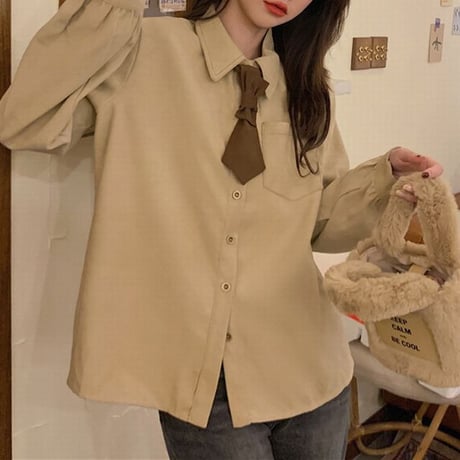 【3カラー】 ネクタイ付き ブラウス シャツ ポロカラー 長袖 ルーズ ゆったり レトロ 韓国ファッション レディース 大人可愛い ガーリー フェミニン カジュアル DTC-666006672660