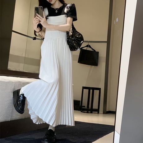 プリーツサロペットスカート ロング丈 ノースリーブ サロペットスカート プリーツ ハイウエスト Aライン レトロ 韓国ファッション レディース 大人可愛い ガーリー DTC-716408531500