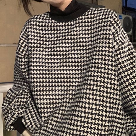千鳥格子 トレーナー チェック柄 クルーネック ルーズ ゆったり 長袖 レトロ 韓国ファッション 大人可愛い レディース ガーリー カジュアル DTC-660216579948