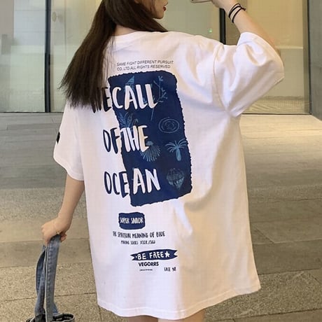 ユニセックス Tシャツ 袖ロゴ バックプリント 半袖 韓国ファッション メンズ レディース 大きめ ルーズ カジュアル ストリート系 DTC-638394646416