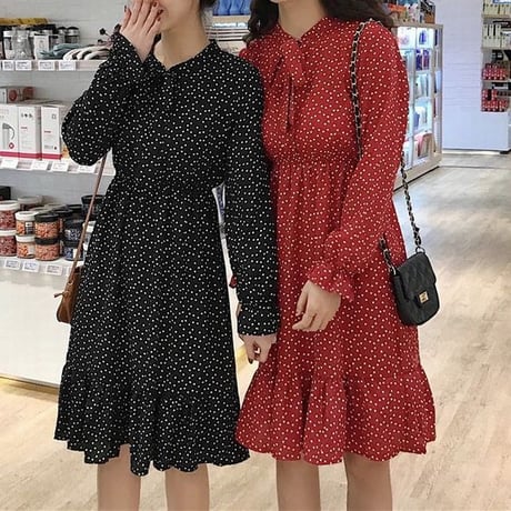 レディース 長袖ワンピース ミモレ丈 ドット柄 ワンピース フレア リボン 韓国ファッション オルチャン (DCT-587243195150)