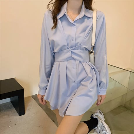 2点セット シャツワンピース ショートパンツ ブラウスワンピース ウエストマーク チュニック ハイウエスト 韓国ファッション レディース 大人可愛い ガーリー DTC-652671430064