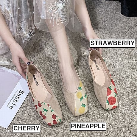 パンプス フルーツ柄 フラットシューズ ぺたんこ 韓国ファッション レディース シンプル フラットパンプス シューズ いちご柄 パイナップル柄 チェリー柄 かわいい 610995457990