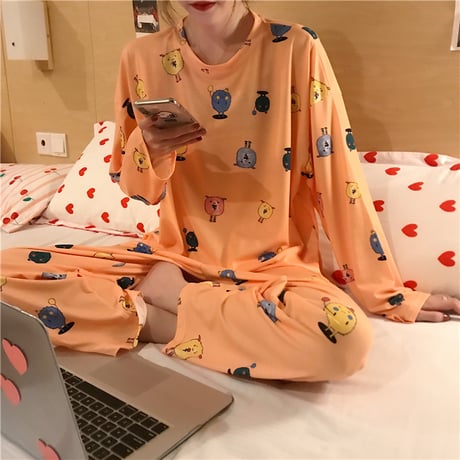 【ルームウェア】 パジャマ セットアップ トップス + パンツ プリント ラウンドネック 上下セット 長袖 韓国ファッション レディース 625829795764
