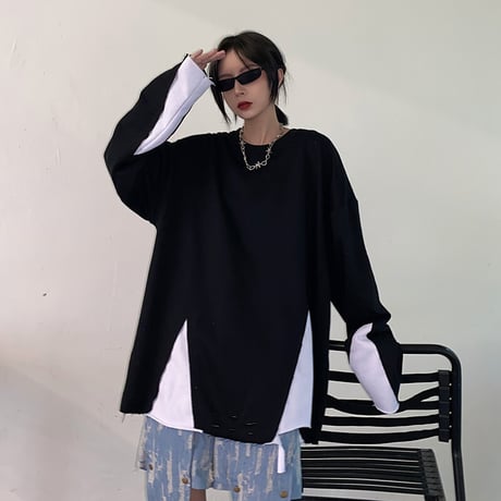 ユニセックス 長袖 Tシャツ メンズ レディース レイヤード風 裾ダメージ加工 ラウンドネック オーバーサイズ 大きいサイズ ストリート TBN-625479955275