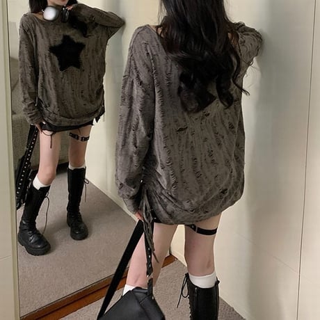 ロンT ダメージ加工 スター 星 ドローストリング ドロスト ダメージトップス プルオーバー tシャツ オーバーサイズ ルーズ 長袖 レトロ 大人可愛い ガーリー DTCA-837831882209