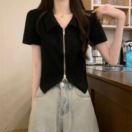 ダブルジップ トップス クロップド丈 半袖 Tシャツ へそ出し ポロトップス ポロ襟 レトロ 大人可愛い ガーリー カジュアル 韓国ファッション レディース DTC-710355440327
