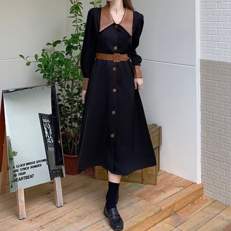 シャツワンピース ウエストマーク ロング丈 薄手 パフ袖 シングルブレスト ハイウエスト 長袖 レトロ 韓国ファッション レディース 大人可愛い ガーリー DTC-655449630295