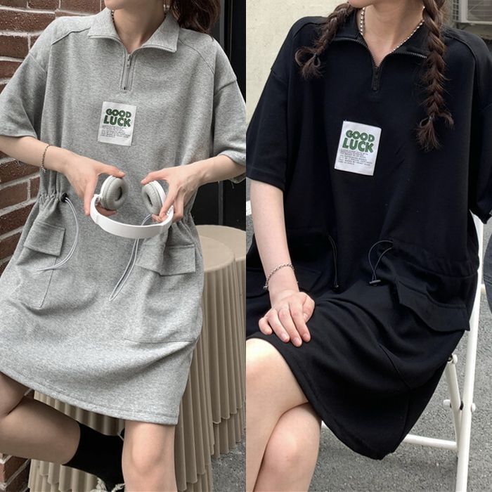 ポロワンピース ウエストマーク ジップアップ 半袖 ポケット 薄手 韓国