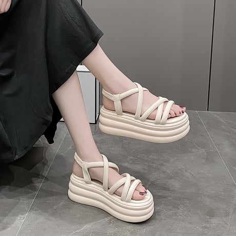 厚底サンダル クロスストラップ 22.0～24.5cm アンクルストラップ サンダル オープントゥ プラットフォーム 厚底 美脚効果 韓国ファッション レディース DTCA-771656476930
