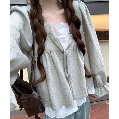 トップス ブラウス リボン フリル ペプラム Vネック ベルスリーブ 薄手 ゆったり 長袖 レトロ 大人可愛い ガーリー DTCA-962786389161